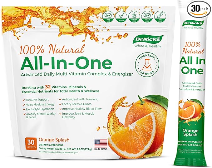 Dr. Nick's All-in-One Multivitamin Drink Mix Packets – for Everyday Vitality and Elite Oral Care – Dentist Formulated with Premium Non-GMO, Vegan, and Gluten-Free Ingredients – Orange Splash Flavor
