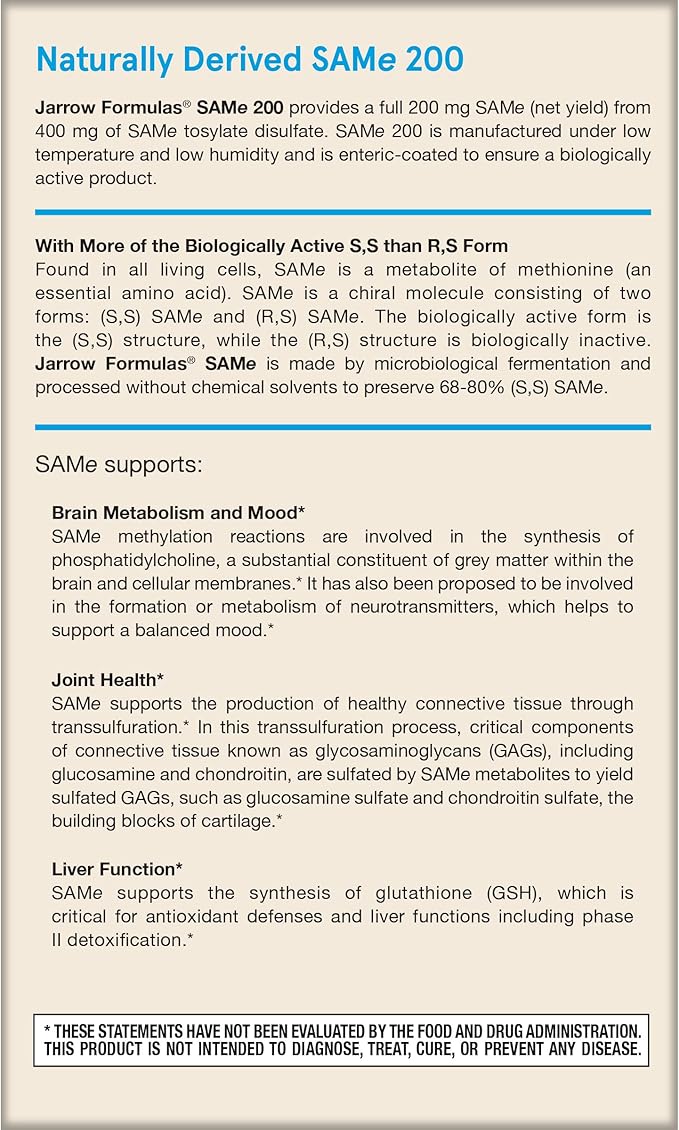 Jarrow Formulas Same 200 mg, Supports Joint Health, Liver Function, Brain Metabolism, 20 Tablets, Up to A 20 Day Supply (Pack of 12)