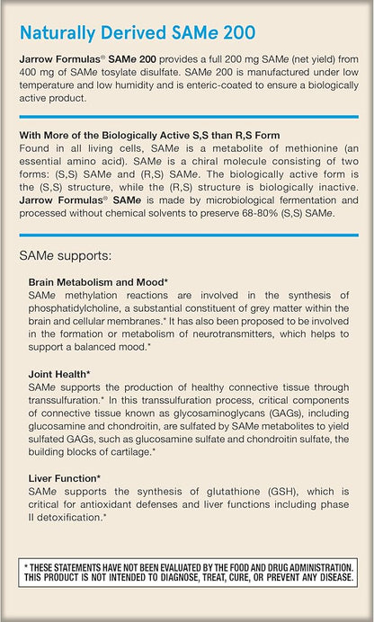 Jarrow Formulas Same 200 mg, Supports Joint Health, Liver Function, Brain Metabolism, 20 Tablets, Up to A 20 Day Supply (Pack of 12)
