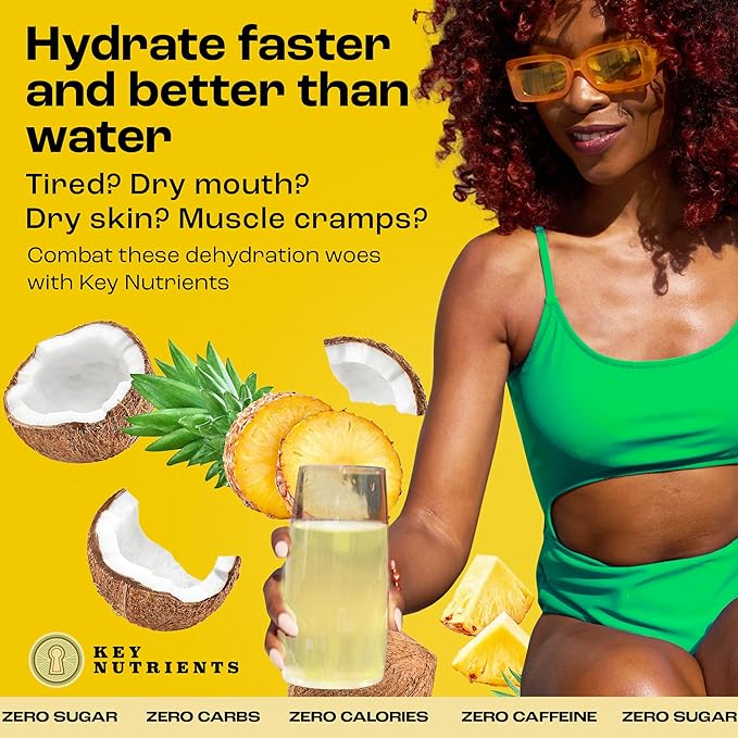 KEY NUTRIENTS Multivitamin Electrolytes Powder No Sugar - Tropical Pineapple Coconut Electrolyte Powder - Endurance & Energy Supplement - Hydration Powder - No Calories - 90 Servings - Made in USA