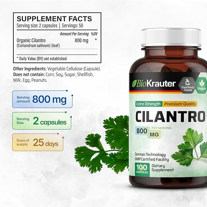 BIO KRAUTER Cilantro Supplement - Cilantro Capsules - Rich Source of Antioxidants - Natural Cleansing & Detox - Cilantro Powder 100 Vegan Caps
