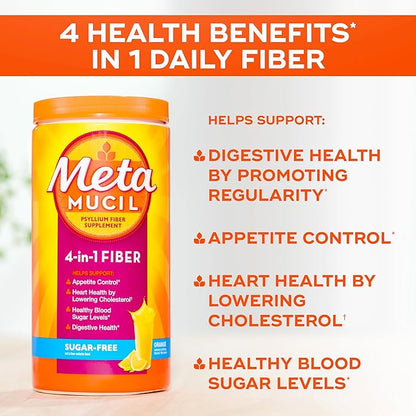 Metamucil 4 in 1 Daily Fiber Supplement Powder, Fiber Powder for Digestive Health and Regularity*, Sugar-Free, Orange, Naturally Sourced Psyllium Fiber, 180 teaspoons