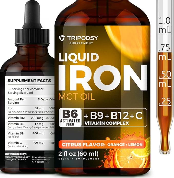 Liquid Iron Supplement for Women and Men - Iron Drops with B6, B9, B12, Vitamin C, Iron Vitamin for Anemia, Blood Builder, Folate for Red Blood Cell and Immune Support MCT Oil (2 Fl Oz, Citrus)