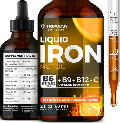 Liquid Iron Supplement for Women and Men - Iron Drops with B6, B9, B12, Vitamin C, Iron Vitamin for Anemia, Blood Builder, Folate for Red Blood Cell and Immune Support MCT Oil (2 Fl Oz, Citrus)