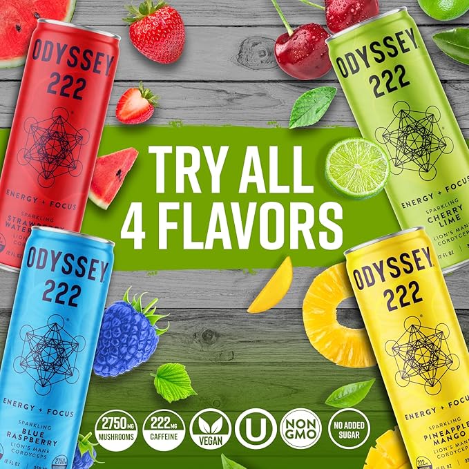Odyssey 222 Energy Drink, Pre Workout, 222mg Caffeine, Clean Energy Drinks, L Theanine, Lions Mane, Cordyceps & Green Tea for Energy, Focus & Mood Boost, Low Calorie, Cherry Lime, 12 Fl oz, 12 Pack