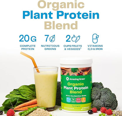 Amazing Grass Organic Plant Protein Blend: Vegan Protein Powder, New Protein Superfood Formula, All-In-One Nutrition Shake with Beet Root, Pure Vanilla, 11 Servings