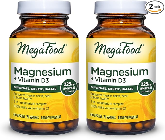 MegaFood Magnesium + Vitamin D3 Magnesium Complex with Magnesium Glycinate Magnesium Citrate & Magnesium Malate Vitamin D for Immune & Bone Support Vegetarian - 60 Capsules, 30 Servings (2 Pack)