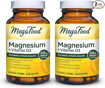 MegaFood Magnesium + Vitamin D3 Magnesium Complex with Magnesium Glycinate Magnesium Citrate & Magnesium Malate Vitamin D for Immune & Bone Support Vegetarian - 60 Capsules, 30 Servings (2 Pack)