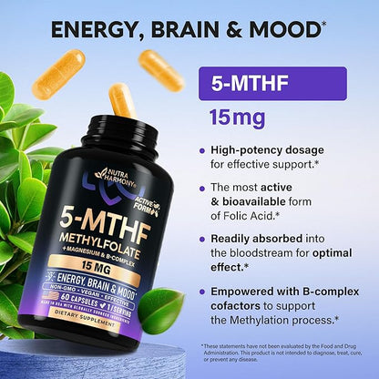 L Methylfolate 15 mg - 5-MTHF Methylfolate Supplement - plus Methyl B12, Vitamins B2 & B6, Magnesium - BioActive Vitamin B9 - Methylation Support, Energy & Brain - Made in USA, 60 Capsules for 2 Month