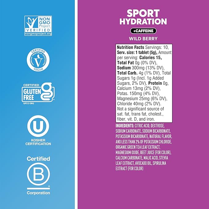 Nuun Sport + Caffeine Electrolyte Tablets - Dissolvable in Water, Wild Berry Flavor, 5 Essential Electrolytes for Hydration, 1g Sugar Drink Mix, Vegan, Non-GMO, 8 Pack (80 Total Servings)