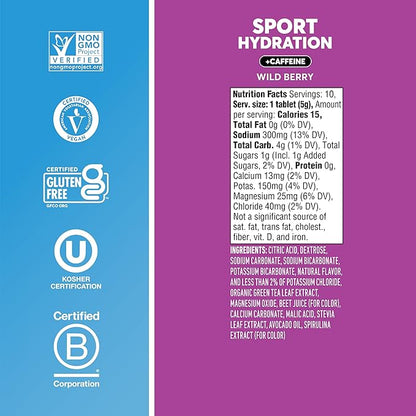 Nuun Sport + Caffeine Electrolyte Tablets - Dissolvable in Water, Wild Berry Flavor, 5 Essential Electrolytes for Hydration, 1g Sugar Drink Mix, Vegan, Non-GMO, 8 Pack (80 Total Servings)