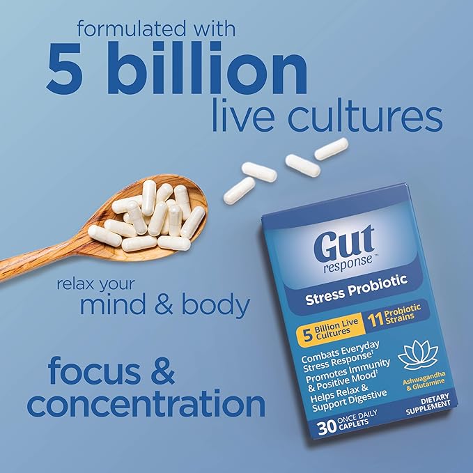 Stress Probiotic for Men & Women, Slows Down Digestive Aging, Boosts Immune System, Promotes Calmness, Ashwagandha, L-Glutamine, Non-GMO, Gluten Free & Vegan, 5 Billion CFU, 30 Caplets