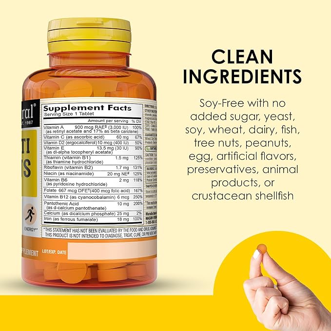 MASON NATURAL Mini Multi Vitamins with Iron, Vitamins A, C, D, E, B1, B2, B3, B6, B12, Folate and Calcium for Overall Health, 1 Year Supply