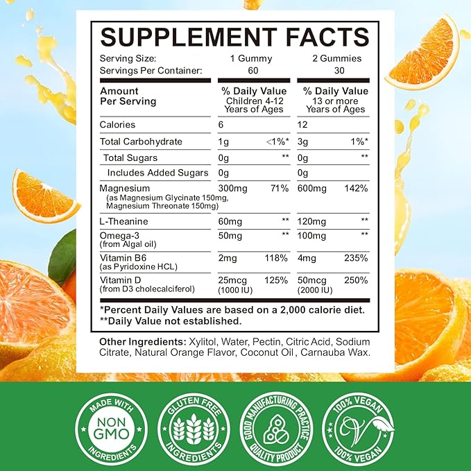 Magnesium Complex Gummies- Calm Chewable Gummies for Kids & Adults- Magnesium Glycinate, Threonate Supplement- Support Calm Stress Relief, Bones, Mood Vegan- Sugar-Free Orange Flavor, 60 Gummies