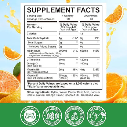 Magnesium Complex Gummies- Calm Chewable Gummies for Kids & Adults- Magnesium Glycinate, Threonate Supplement- Support Calm Stress Relief, Bones, Mood Vegan- Sugar-Free Orange Flavor, 60 Gummies