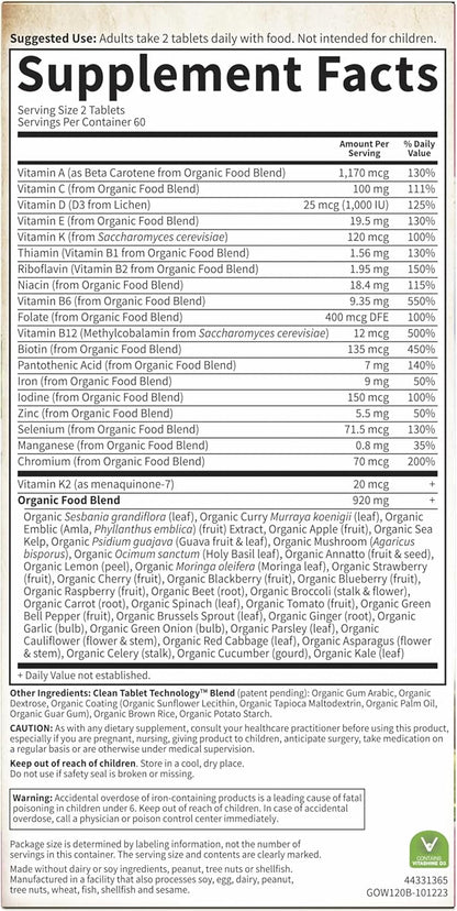 Garden of Life Organics Multivitamin for Women, Womens Multi with Vitamin C, D, Folate, B6, B12, Biotin, Iron, Vegan Whole Food Vitamins for Women, Energy, Skin, Nails, 120 Tablets