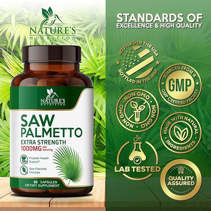 Saw Palmetto Extract Prostate Supplement - 1000 MG Saw Palmetto Supplement, Nature's Prostate Support Supplement for Men Health Support, Men's Prostate Urinary Health Support Supplement - 60 Capsules