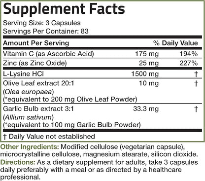 Bronson L-Lysine Defense Immune Support Complex 1500 MG L-Lysine Plus Olive Leaf, Garlic, Vitamin C and Zinc - Non-GMO, 250 Vegetarian Capsules