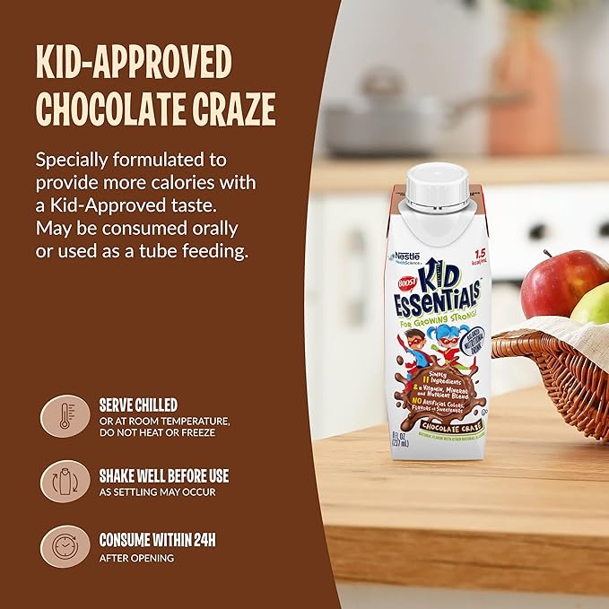 BOOST KID ESSENTIALS (1.5 kcal/mL) Chocolate Craze Nutritional Drink, 10g Protein, Vitamin C, D , B12, and Zinc, 8 Fl Oz (Pack of 24)