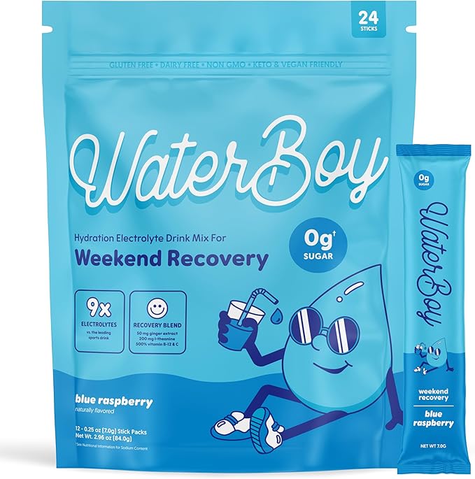 Waterboy Weekend Recovery | 3,200mg Electrolyte Powder Packets | Ginger + L-Theanine + Vitamins | No Sugar, All Natural, Gluten Free | 24 Drink Stick Mixes (Blue Raspberry)