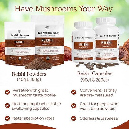 Real Mushrooms Reishi Capsules - Organic Mushroom Extract Supplement with Potent Red Reishi Mushroom - Vegan Mushroom Supplement, Non-GMO, 90 Caps