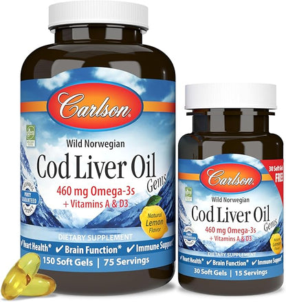 Carlson - Cod Liver Oil Gems, 460 mg Omega-3s, Plus Vitamins A and D3, Wild Caught Norwegian Arctic Cod Liver Oil, Sustainably Sourced Nordic Fish Oil Capsules, Lemon, 150 + 30 Softgels