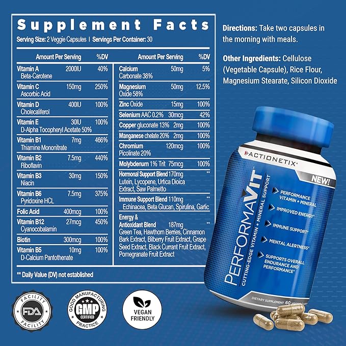 PerformaVit, Athlete Multivitamin For Men & Women, Mens Multivitamins & Minerals, Mens One A Day Multivitamins for Health, Endurance, Immune & Performance, Men’s Multivitamin, 60 Capsules