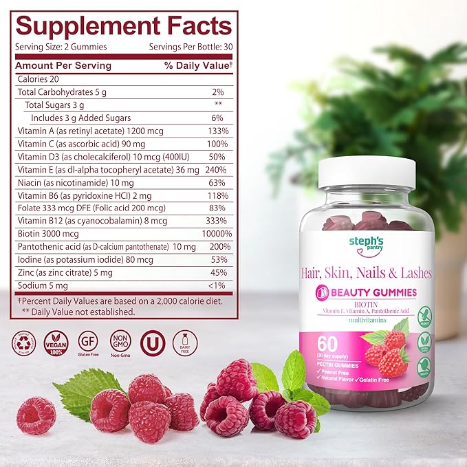 Steph's Pantry Biotin Gummies for Hair, Skin, Nails, & Lashes High Strength Gummies | Daily Multivitamins | Gluten-Free, Nut-Free, Non-GMO, Plant-Based, Vegan, Kosher | (60 Gummies)