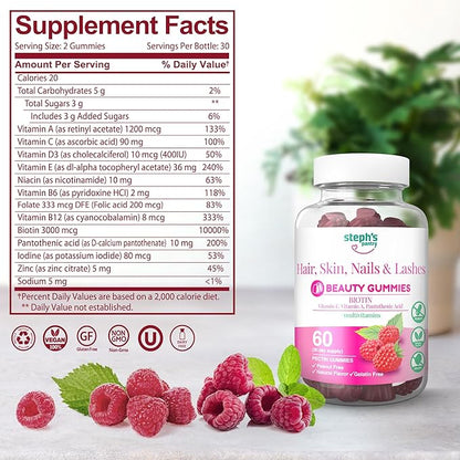 Steph's Pantry Biotin Gummies for Hair, Skin, Nails, & Lashes High Strength Gummies | Daily Multivitamins | Gluten-Free, Nut-Free, Non-GMO, Plant-Based, Vegan, Kosher | (60 Gummies)