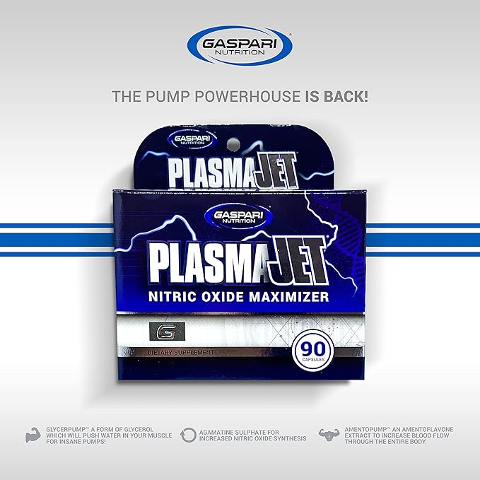 Gaspari Nutrition PlasmaJet, Legendary N.O. Nitric Oxide Maximizer, Increased Lean Mass and Strength, Maximum Vascularity and Vasodilation, 90 Capsule
