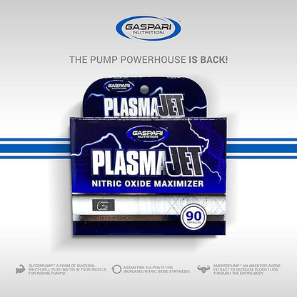 Gaspari Nutrition PlasmaJet, Legendary N.O. Nitric Oxide Maximizer, Increased Lean Mass and Strength, Maximum Vascularity and Vasodilation, 90 Capsule