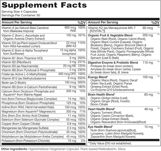 NATURELO Whole Food Multivitamin for Women - with Vitamins, Minerals, & Organic Extracts - Supplement for Energy and Heart Health - Vegan - Non GMO - 120 Capsules