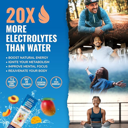 Energy + Hydration Amplifier - Multivitamin Electrolyte Powder Packets with Vitamins D3 K2 & B6 B12 | L-Theanine, Cane Sugar, Caffeine Free Energy Drink Powder | Peach Mango, 15 Pack
