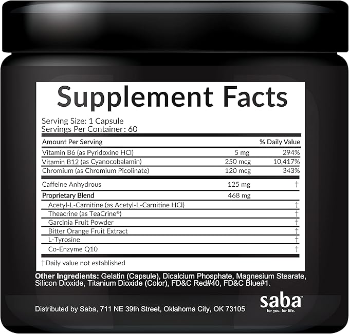 Saba Skinny 5000 -Fat Loss -Weight Loss-Appetite Control -Mild Jitter-Free Energy- Focus -60 Capsules
