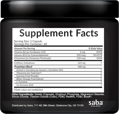 Saba Skinny 5000 -Fat Loss -Weight Loss-Appetite Control -Mild Jitter-Free Energy- Focus -60 Capsules