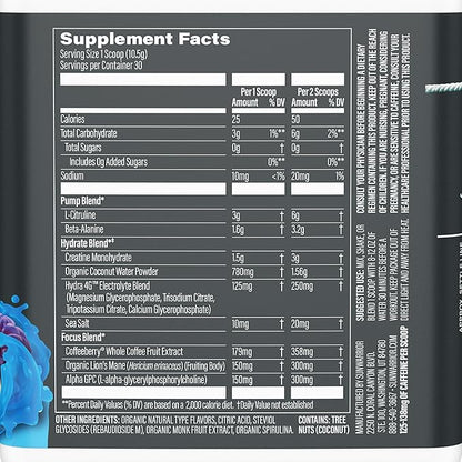 Pre Workout Powder Energy Drink | Vegan, Plant-Based, Pre-Workout Supplement | Pump, Hydrate, Focus, Endurance, & Strength Builder | Blue Raspberry Pineapple Flavored | 30 Servings | Active Preworkout