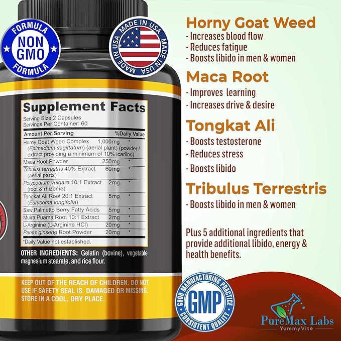 Horny Goat Weed Extra Strength Blend, 120 Capsules, w. Maca, Arginine, Ginseng, Tribulus, Tongkat, Libido, Stamina, Energy Support, Non-GMO Formula, 120 Caps