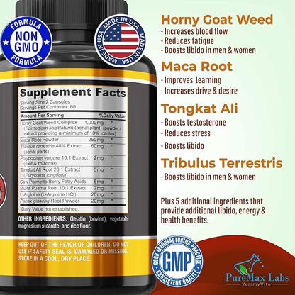 Horny Goat Weed Extra Strength Blend, 120 Capsules, w. Maca, Arginine, Ginseng, Tribulus, Tongkat, Libido, Stamina, Energy Support, Non-GMO Formula, 120 Caps
