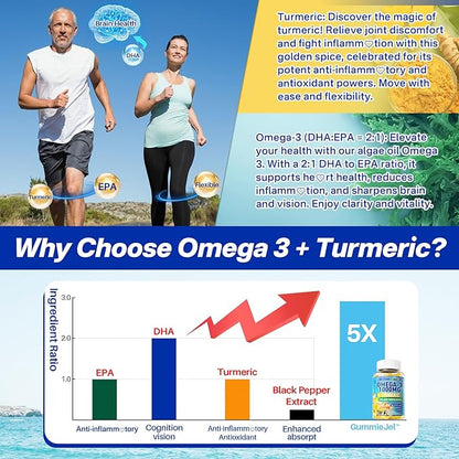 Vegan Omega-3 Gummies 1000mg + Turmeric - Omega 3 Fish Oil Alternative for Adults - Algae Omega DHA 600mg & EPA 300mg, Vitamins A, C, E, Zinc & MSM - Mobility, Immune, Eye & Brain, Sugar Free, 60 Cts