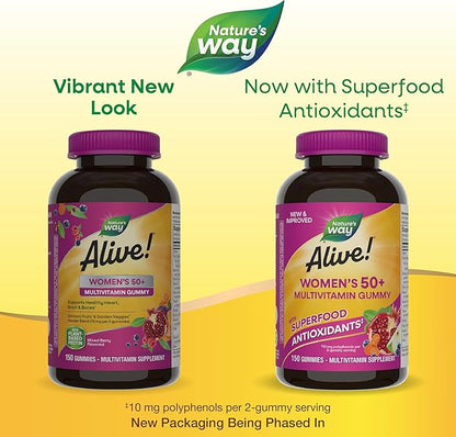 Nature's Way Alive! Women’s 50+ Daily Gummy Multivitamins, Supports Multiple Body Systems*, Supports Healthy Heart, Brain & Bones,* B-Vitamins, Mixed Berry Flavored, 150 Gummies(Packaging May Vary)