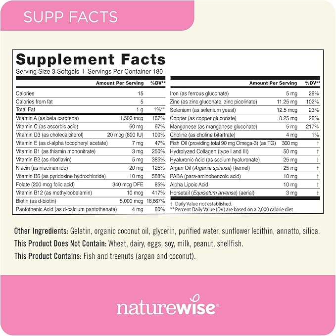 NatureWise Hair Skin and Nails Vitamin, Biotin 5000mcg w/Hyaluronic Acid, Collagen for Women with C, B Complex, D3, A, E, Iron - Non-GMO, Gluten Free - 540 Softgels[6-Month Supply]