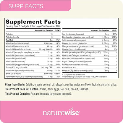 NatureWise Hair Skin and Nails Vitamin, Biotin 5000mcg w/Hyaluronic Acid, Collagen for Women with C, B Complex, D3, A, E, Iron - Non-GMO, Gluten Free - 540 Softgels[6-Month Supply]