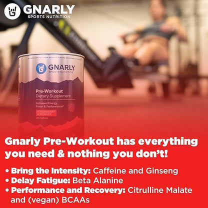 Gnarly Nutrition Natural Pre-Workout Powder - Endurance & Recovery, NSF Sport Certified, Vegan Pre Workout Wellness, Sports Nutrition - Strawberry Lemonade, Caffeine 14.82oz