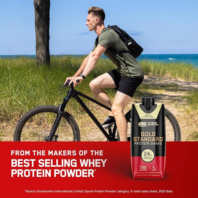 Optimum Nutrition Gold Standard Protein Shake, 24g Protein, Ready to Drink Protein Shake, Gluten Free, Vitamin C for Immune Support, Vanilla, 11 Fl Oz, 12 Count (Pack of 1) (Packaging May Vary)