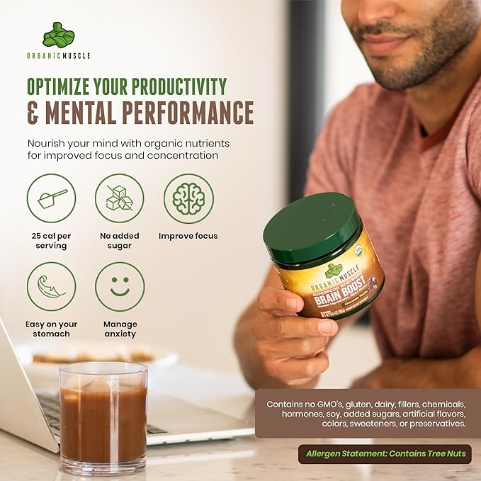 Organic Muscle Brain Boost Nootropics Blend - Vegan & Organic Superfood Health Supplements for Focus, Memory & Productivity with Ashwagandha, Ginkgo & Ginseng - Chocolate Flavor, 20 Servings