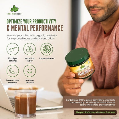 Organic Muscle Brain Boost Nootropics Blend - Vegan & Organic Superfood Health Supplements for Focus, Memory & Productivity with Ashwagandha, Ginkgo & Ginseng - Chocolate Flavor, 20 Servings