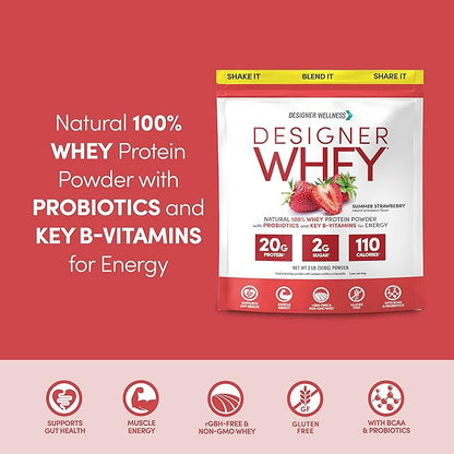 Designer Wellness, Designer Whey, Natural Whey Protein Powder with Probiotics, Fiber, and Key B-Vitamins for Energy, Gluten-Free, Summer Strawberry, 2 lb