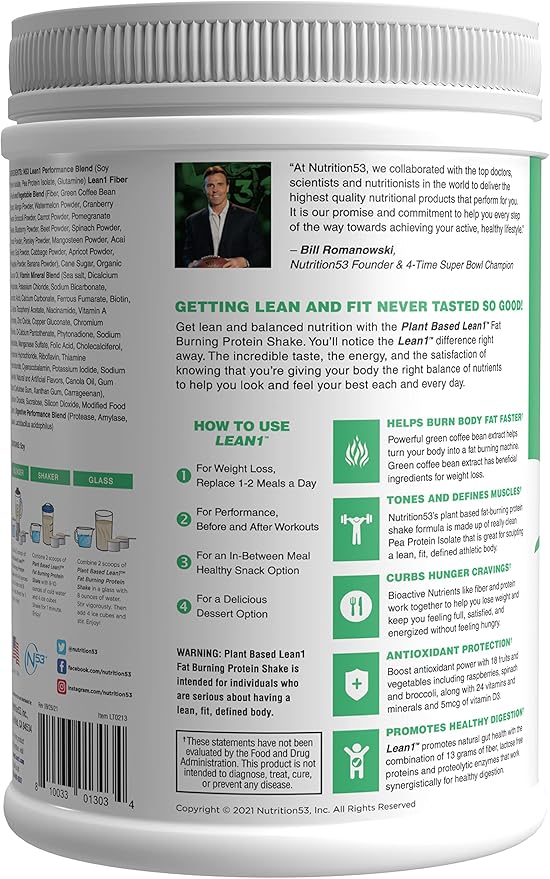 Lean1 Plant-Based Meal Replacement Protein Powder, Chocolate Flavor, 15-Serving Tub