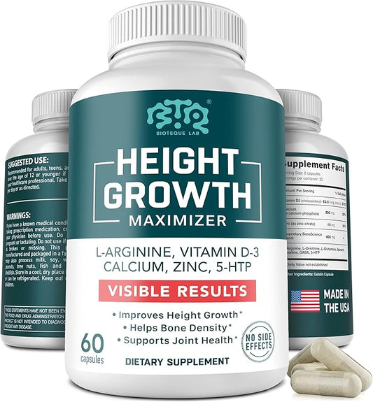 Height Growth Maximizer, Calcium, Vitamin D3 and Zinc Blend Pills, Bone Growth Supplement for Kids and Teens, Bone Strength, Density Support, GMO-Free, Gluten-Free, Made in USA, 60 Caps