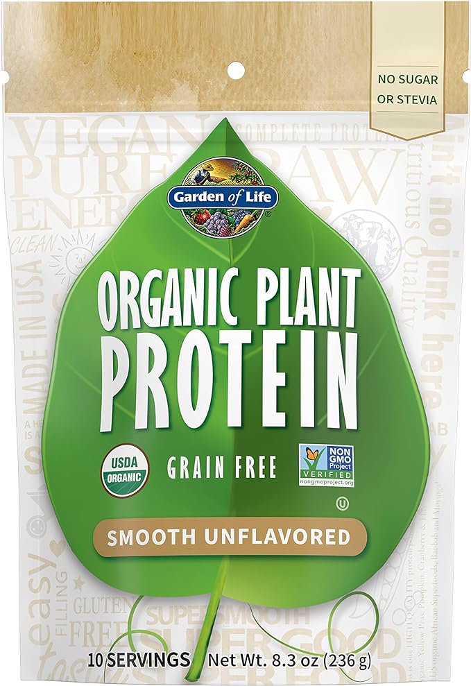 Garden of Life Organic Plant Based Protein Powder - Smooth Unflavored - Vegan, Grain Free & Gluten Free Shake for Women and Men - 10 Servings, 15g Protein, Probiotics & Enzymes, 0g Sugar, Stevia Free